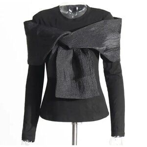 Women's Black Knit Bow Tie Long Sleeve Top